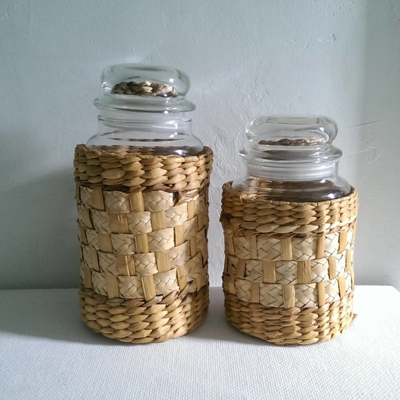 Vintage Other - Basket Covered Clear Glass Apothecary Storage Jars